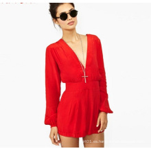 OEM Últimas Mujeres Rojo Señora Chiffon Jumpsuit Long Sleeve Ladies Romper